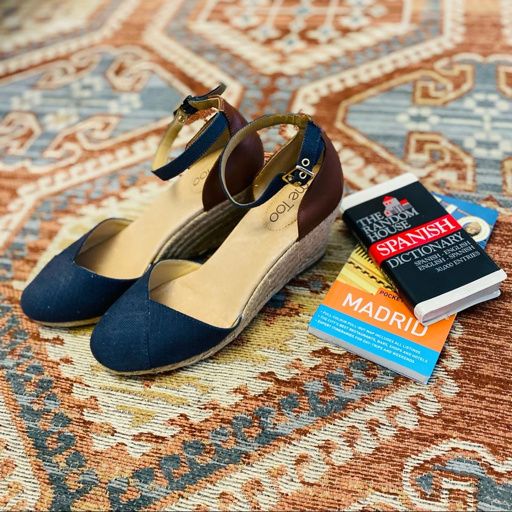Me Too Denim & Tan Bi-Color Espadrille Mary Jane Wedges - Sz 7.5